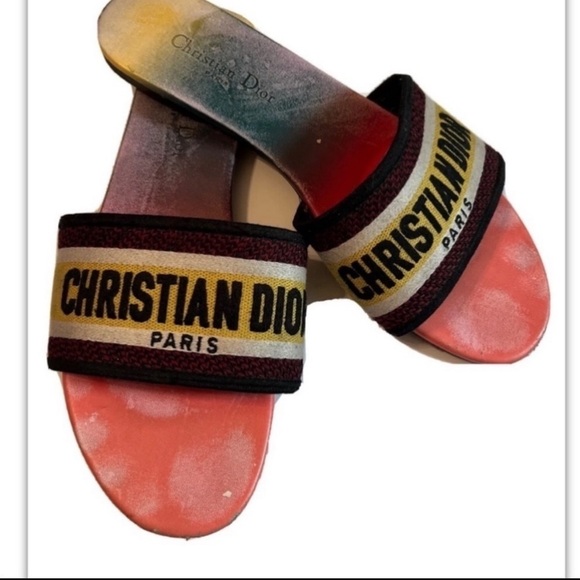 Christian Dior Dway Rainbow Multicolor Embroidered Logo Slides Sz 10 Sandals - Picture 3 of 14